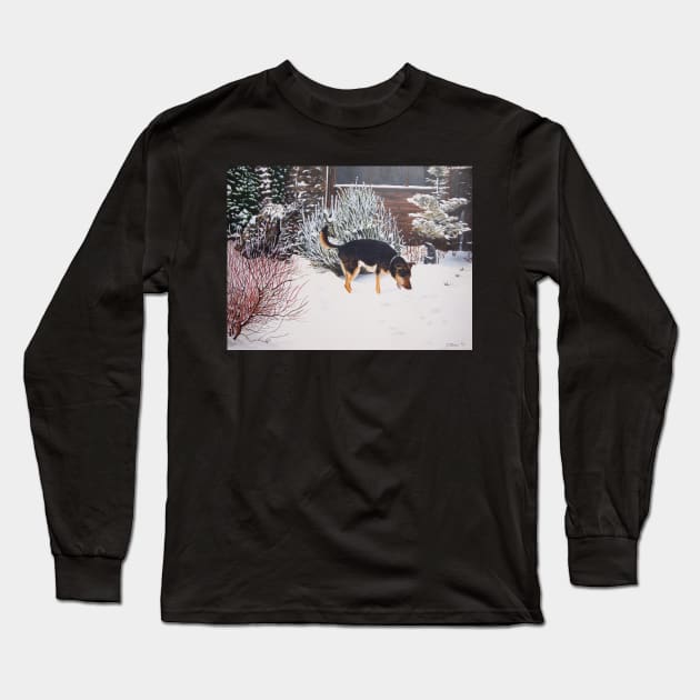 Winter snow scene with cute black and tan dog Long Sleeve T-Shirt by pollywolly